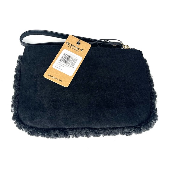 NEW Bearpaw BLACK WRISTLET Faux Suede & Sherpa Handbag Purse Gold Zip NWT - Picture 2 of 8